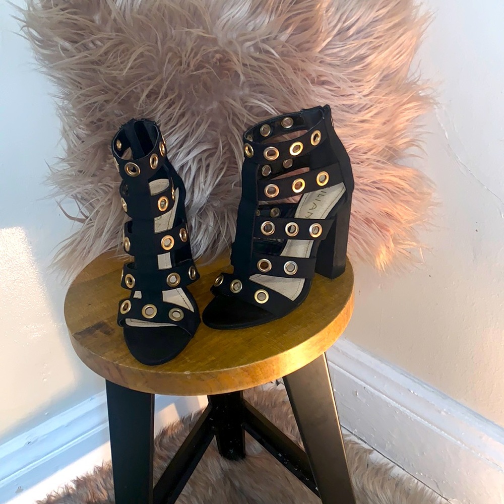 Gold and black open toe heels